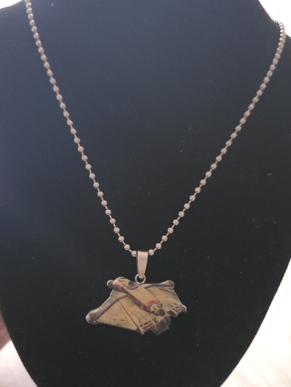 Star Wars Silver Ball Chain Necklace with Beige/Olive Starfighter Pendant